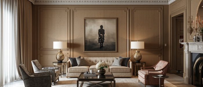Elegant room interior with textured paint walls, sophisticated design, luxurious ambiance, refined color palette, stylish furniture, ambient lighting, high-end decor (1)