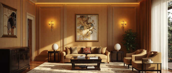 Elegant room interior with textured paint walls, sophisticated design, luxurious ambiance, refined color palette, stylish furniture, ambient lighting, high-end decor